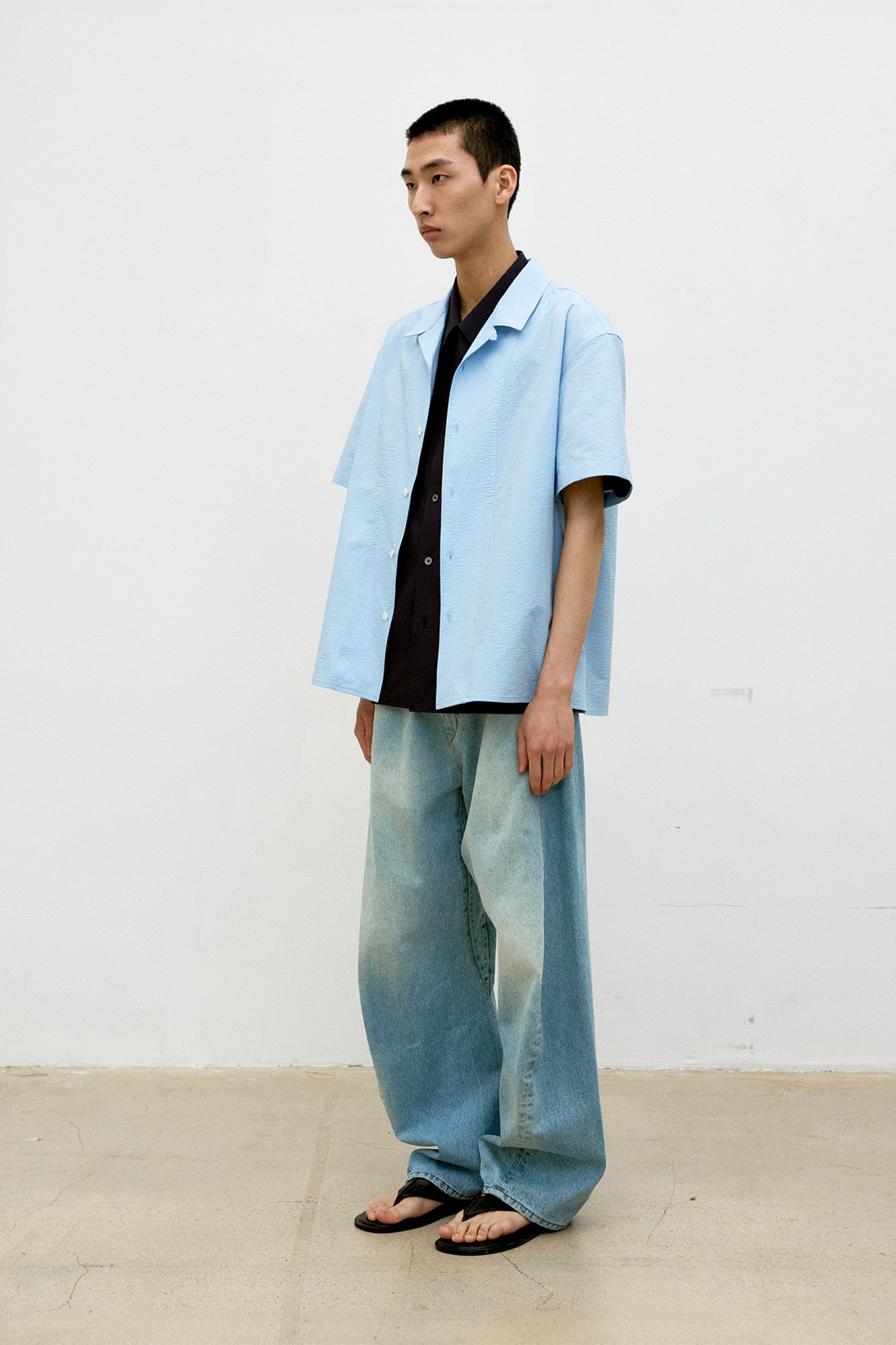 Panel line camp collar half shirt (Sky blue)