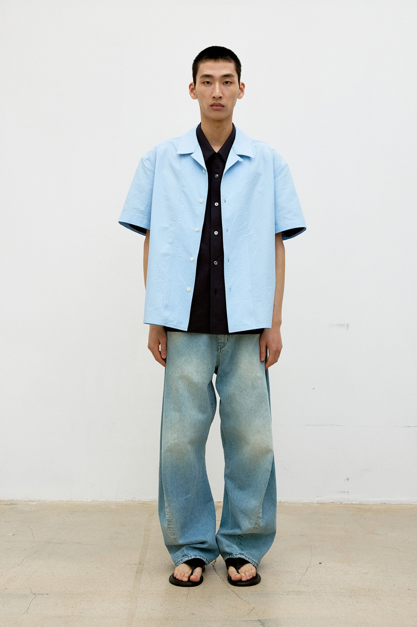 Panel line camp collar half shirt (Sky blue)