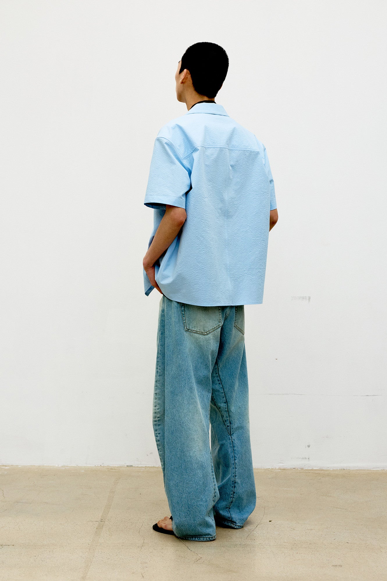 Panel line camp collar half shirt (Sky blue)