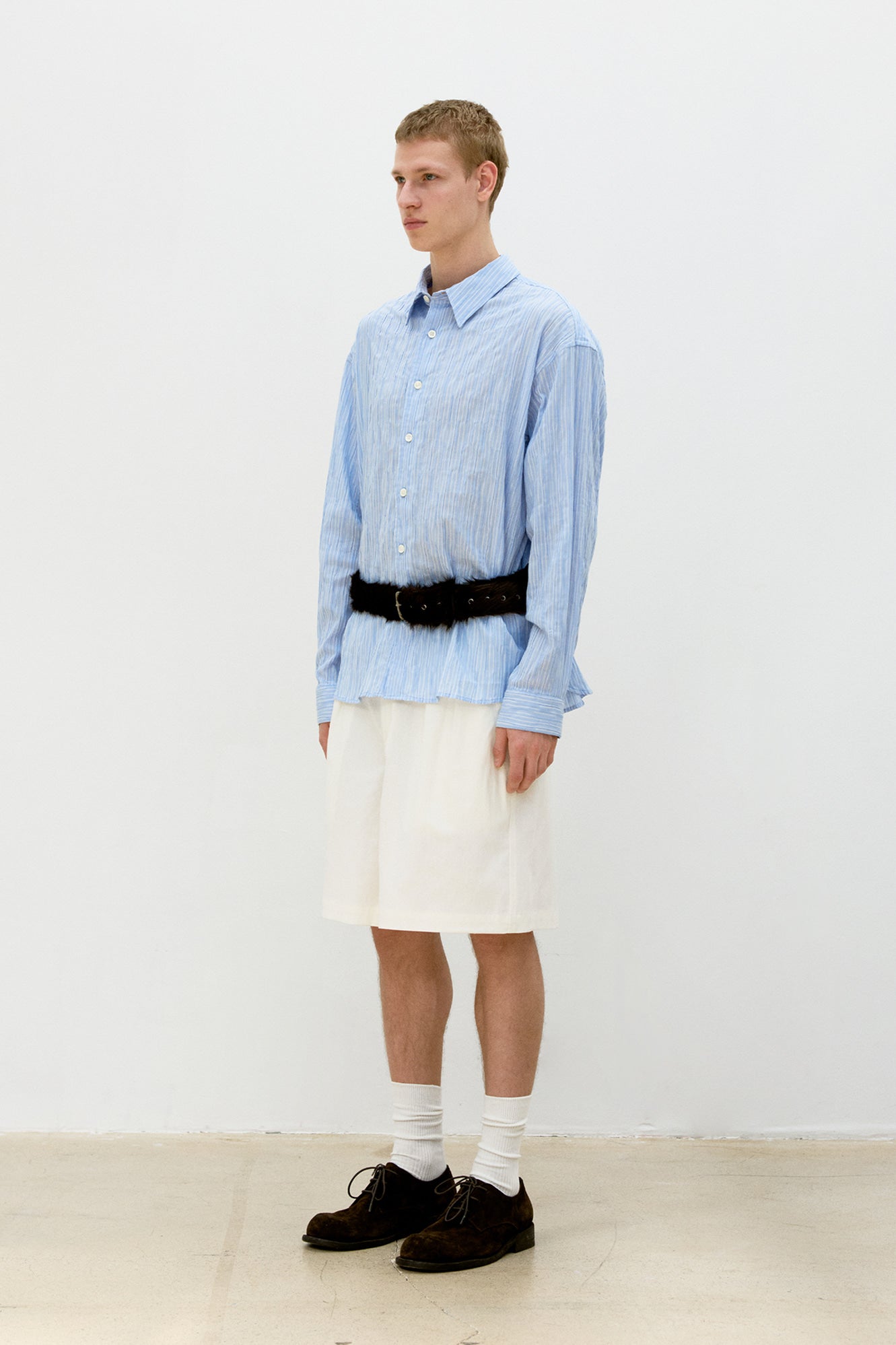 Semi-overfit wrinkle stripe shirt (Sky blue)