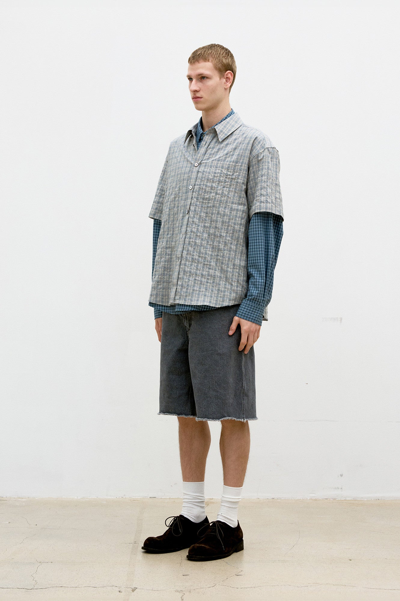 Alternative wrinkle check half shirt (Washed khaki beige)