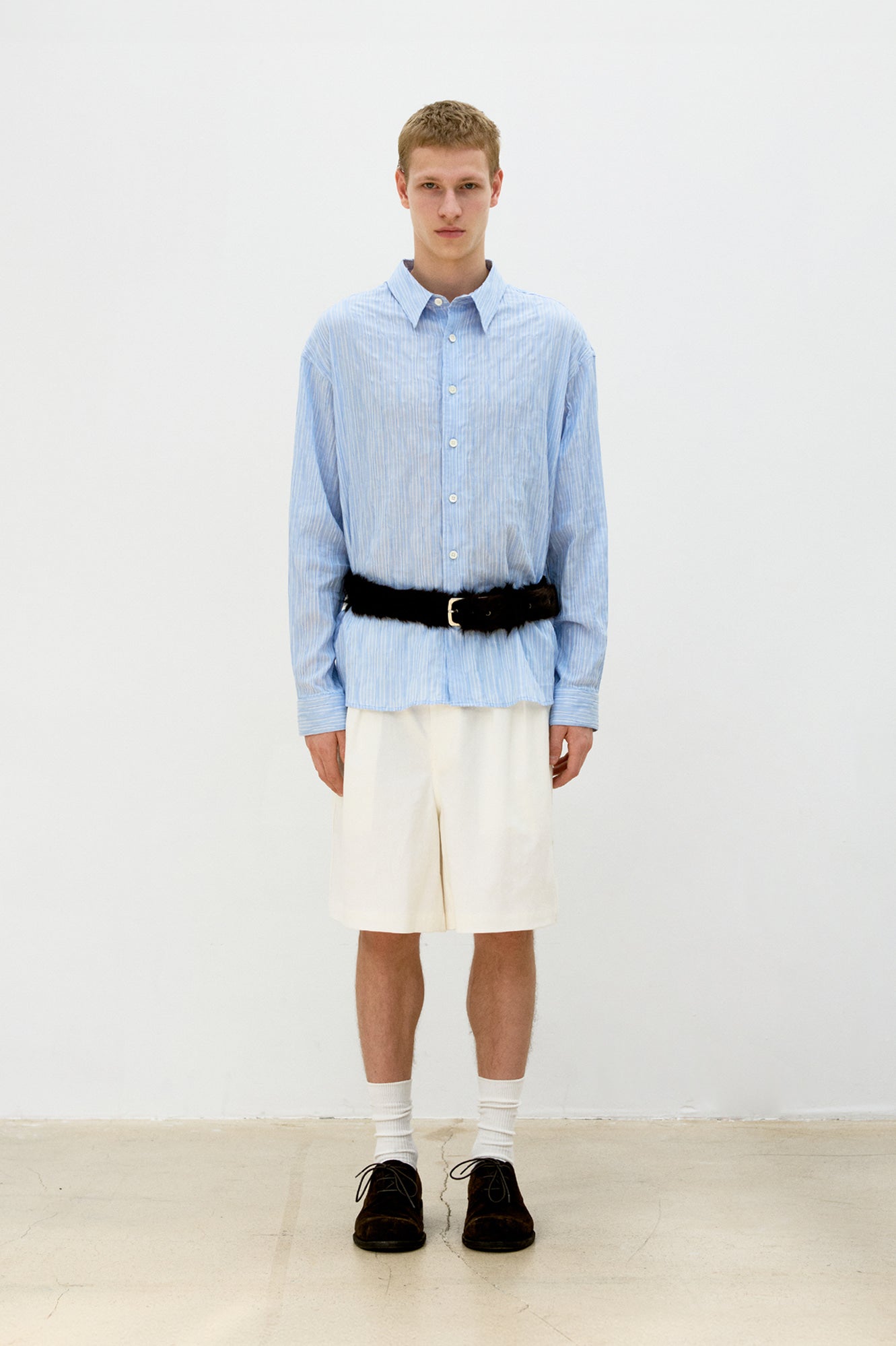 Semi-overfit wrinkle stripe shirt (Sky blue)