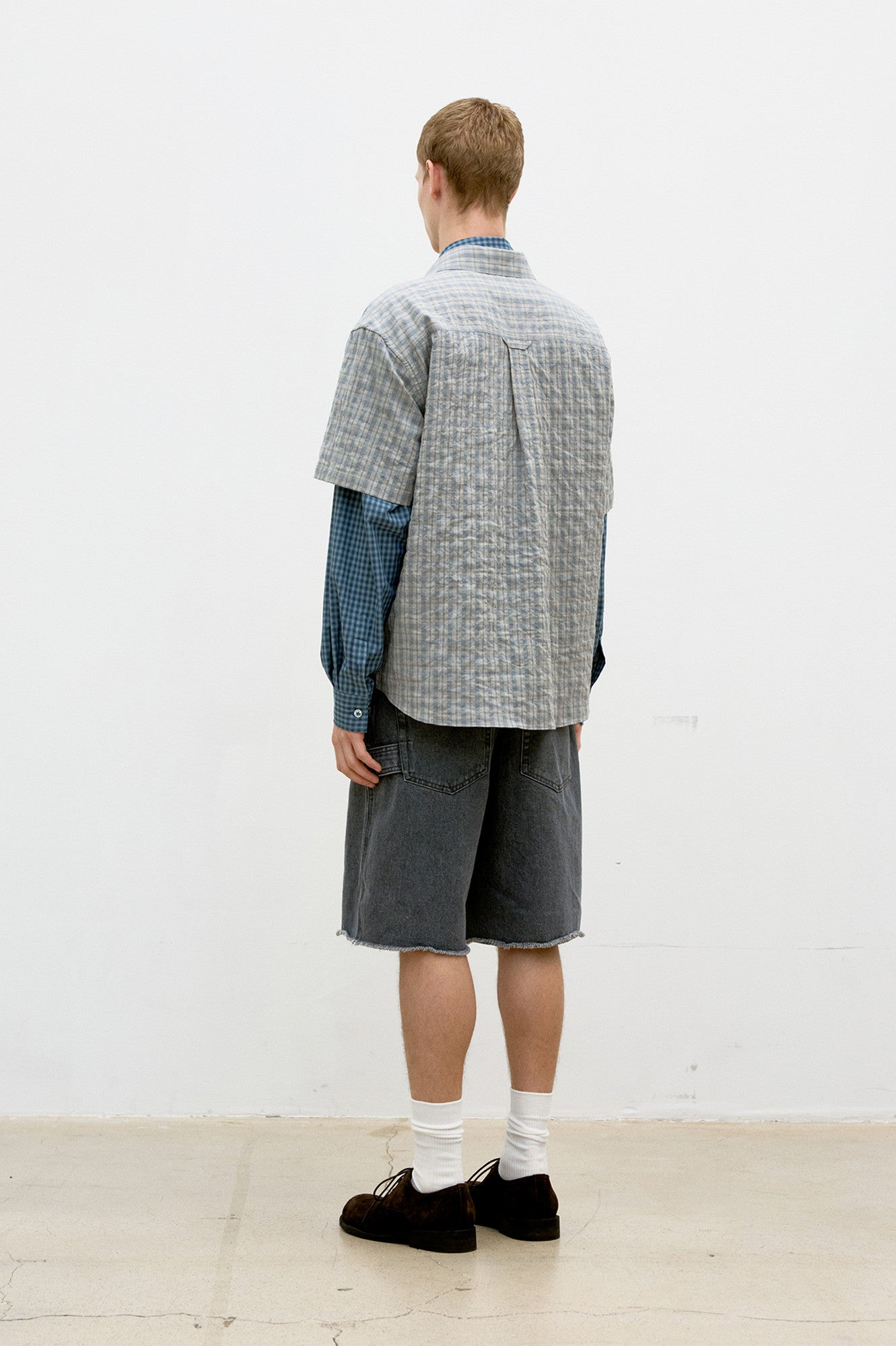 Alternative wrinkle check half shirt (Washed khaki beige)