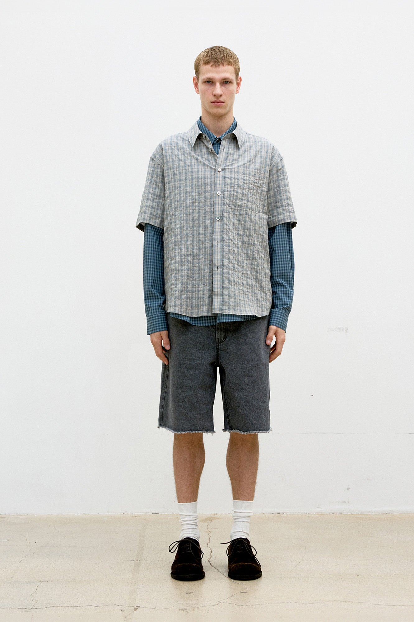 Alternative wrinkle check half shirt (Washed khaki beige)